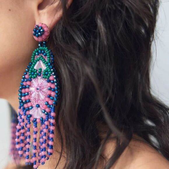 New ZARA Tropical Boho Pink Blue Green Beaded Fringe Earrings - Picture 5 of 11
